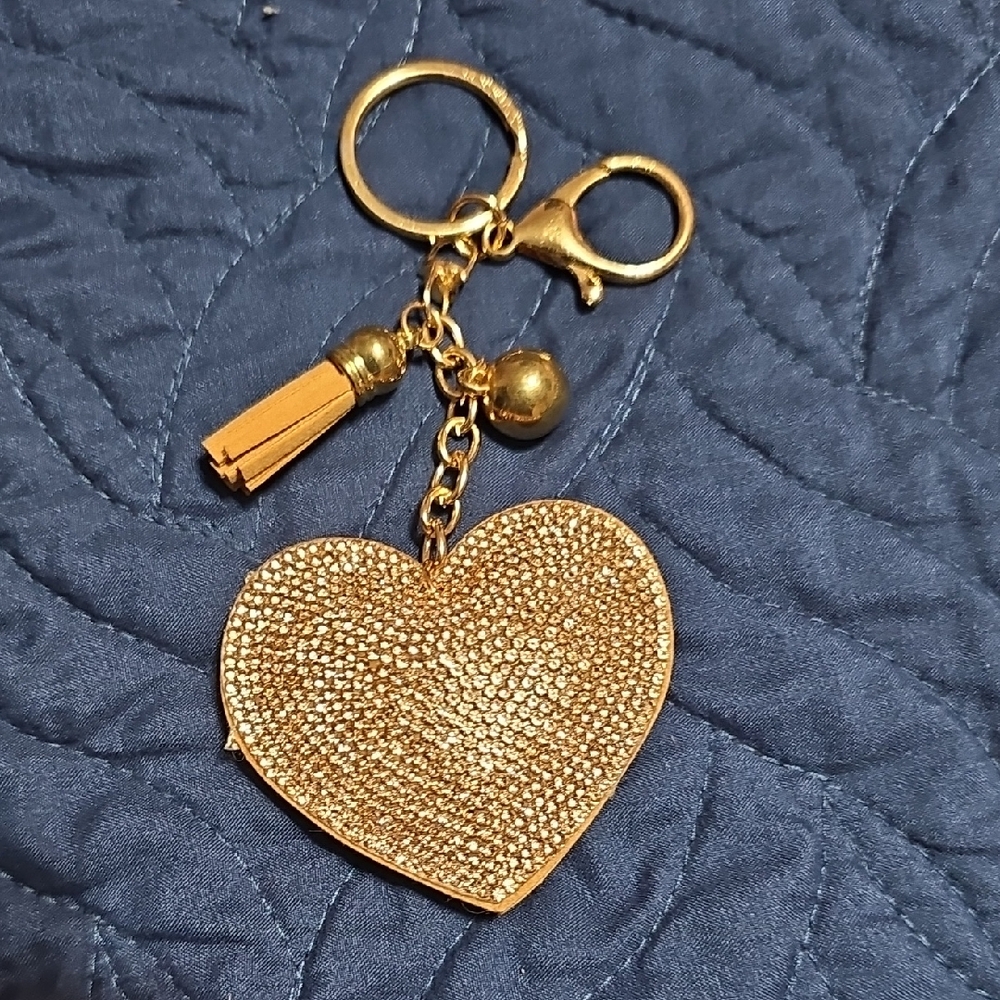 Gold & Rhinestone Heart Shaped Bag Charm Keyring